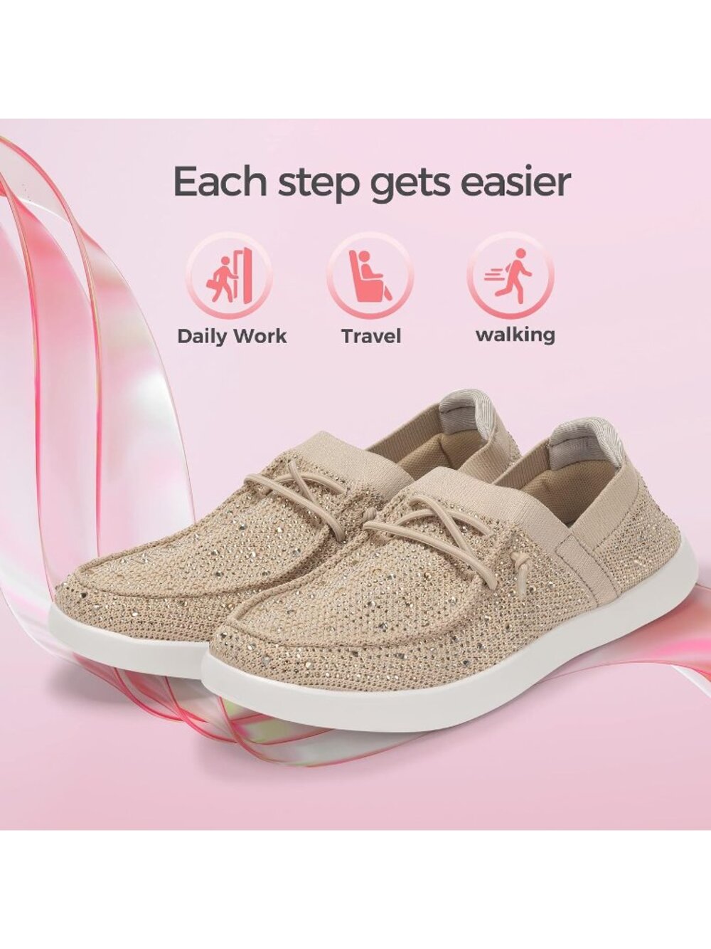 Women's Beige Knit Comfortable Rhinestone Lace Up Loafers Fashion Sneakers - Picture 6 of 7
